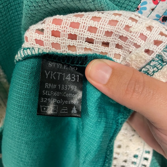 POL  NEW Cotton Blend 3/4 Sleeve Hooded Top LG Floral Lace Patchwork - Picture 9 of 10